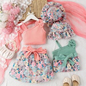 Kids Toddler Girls Fashion Casual Cute Bow Sleeveless Stripe Camisole Floral Skirt Set