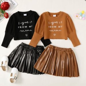 Kids Toddler Girls Spring Autumn Fashion Casual Letter Print Long Sleeve Round Neck Top PU Skirt Set