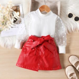 Kids Toddler Girls Casual Cute Solid Color Polka Dot Mesh Long Sleeve Round Neck T-Shirt PU Skirt Set