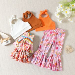 Kids Toddler Girls Casual Cute Cartoon Floral Print Halter Neck Vest Flare Trousers Set