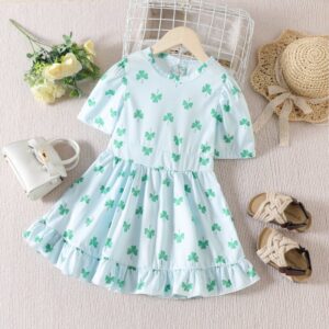 Kids Toddler Girls Casual Cute St.Patrick's Day Clover Print Short Sleeve Round Neck Dress