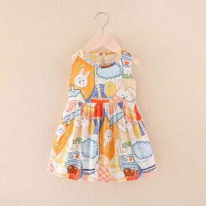 Kids Toddler Big Girls Casual Cute Cartoon Bunny Print Sleeveless Round Neck Dress