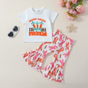 Kids Toddler Girls Casual Cute Easter Day Cartoon Letters Print Short Sleeve Round Neck T-Shirt Flare Trousers Set