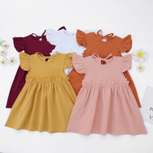 Kids Toddler Girls Fashion Solid Color Cotton Linen Round Neck Ruffled Sleeve Back Lace-Up Dress