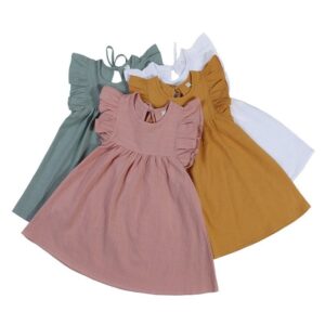 Kids Toddler Girls Fashion Solid Color Ruffle Sleeve Creased Round Neck Lace-Up Dress