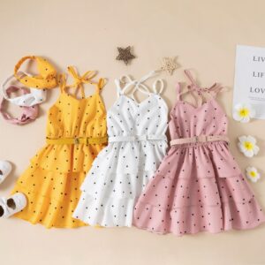 Kids Girls Elegant V Neck Sleeveless Elastic Waist Multi Layer Polka Dot Dress With Wasitbelt Headband Set