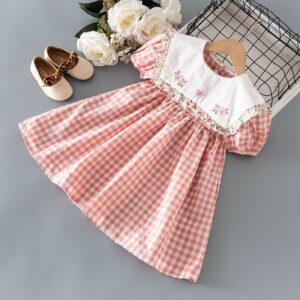 Kids Girls Sweet Floral Embroidery Stringy Selvedge Short Sleeve Plaid Loose Dress
