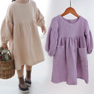 Kids Girls Casual Solid Color Round Neck Long Sleeve Loose Dress
