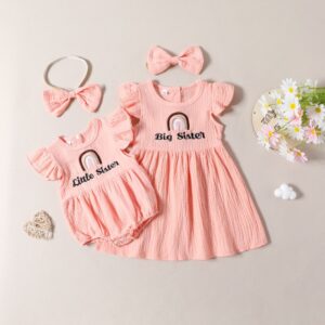 Kids Baby Toddler Girls Summer Casual Cute Rainbow Letter Stripe Print Sleeveless Round Neck Romper Dress Sister Set