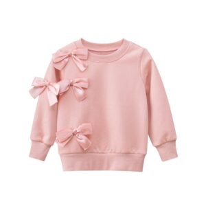 Kids Toddler Big Girls Casual Cute Solid Color Bow Long Sleeve Round Neck Fleece Sweatshirts