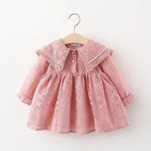 Kids Toddler Girls Casual Cute Solid Color Hollow Tiny Flower Long Sleeve Lapel Dress