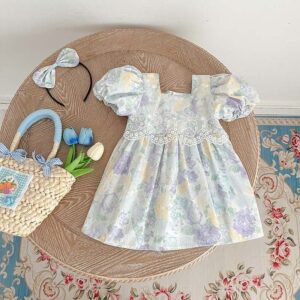 Kids Toddler Girls Casual Cute Tiny Flower Print Puff Sleeve U Neck Dress