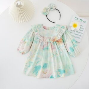 Kids Toddler Girls Casual Cute Tie-Dye Long Sleeve Round Neck Ruffled Dress