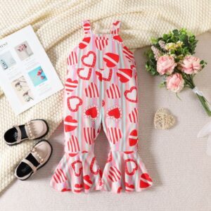 Kids Toddler Girls Casual Cute Sweet Heart Print Sleeveless Flare Jumpsuits