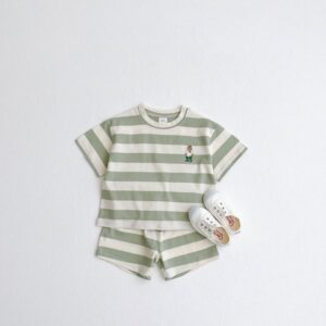 Boys And Girls Neuter Kids Embroidered Clothed Mr. Bear Stripe T-Shirt Short Set