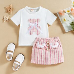 Kids Toddler Girls Summer Casual Cute Bow Cartoon Bear Pattern Short Sleeve Round Neck T-Shirt Stripe Skirt Sets