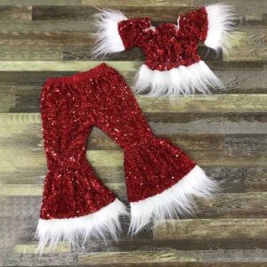 Kids Toddler Big Girls Party Cute Sequins Plush Loose Long Long Sleeve Top Flare Trousers Sets