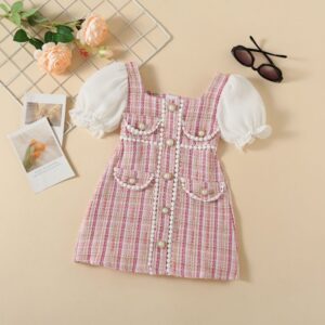 Kids Toddler Girls Casual Cute Versatile Stripe Bow Pearl Puff Sleeve Dress