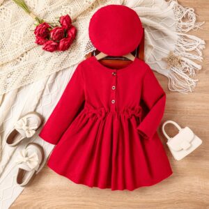 Kids Toddler Girls Fashion Casual Solid Color Corduroy Bow Long Sleeve Round Neck Dress