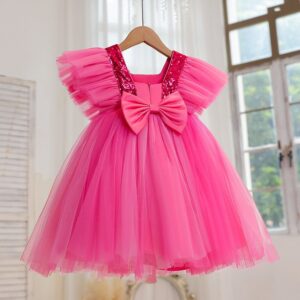 Kids Toddler Girls Fashion Party Mesh Sequins Fluttering Sleeve Backless Tutu Princess Dress