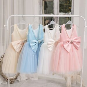 Kids Toddler Big Girls Cute Basic Solid Sleeveless Backless Bow Pearl U Neck Mesh Tutu Princess Dress