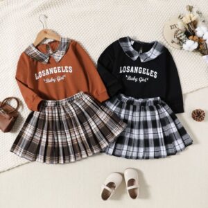 Children Fashion Plaid Print Girl Long Sleeve Plaid Print Two-Piece Set