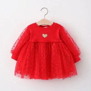 Kids Toddler Girls Casual Cute Heart Shaped Pattern Mesh Long Sleeve Round Neck Dress