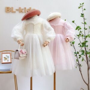 Kids Toddler Big Girls Fashion Party Long Sleeve Round Neck Sweater Stitching Mesh Tutu Princess Dress