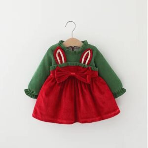 Kids Toddler Girls Casual Cute Colorblock Rabbit Ear Bow Long Sleeve Dress