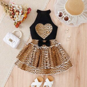 Kids Toddler Girls Fashion Casual Leopard Heart-Shaped Pattern Sleeveless O Neck Vest Bow Skirt Sets