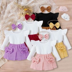 Kids Baby Toddler Girls Fashion Casual Solid Color Stripe Long Sleeve Round Neck T-Shirt Bow Skirt Sets