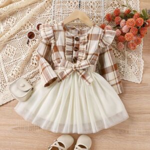 Kids Toddler Girls Fashion Casual Playd Long Sleeve Round Neck Mesh Dress