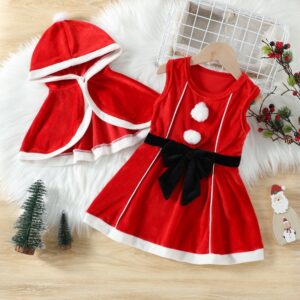 Kids Toddler Girls Casual Christmas Shawl Bow Sleeveless Dress Sets