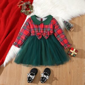 Kids Toddler Girls Party Christmas Plaid Bow Lapel Long Sleeve Dress