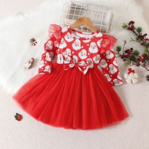 Kids Toddler Girls Fashion Party Cute Santa Claus Pattern Bow Long Sleeve Round Neck Party Tutu Dress