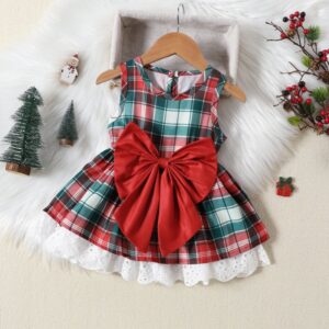Kids Toddler Girls Fashion Party Cute Christmas Plaid Bow Sleeveless Round Neck Dress