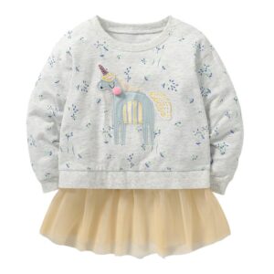 Kids Toddler Big Girls Spring Autumn Fashion Casual Cute Cartoon Pony Embroidery Tiny Flower Round Neck Sweatshirts