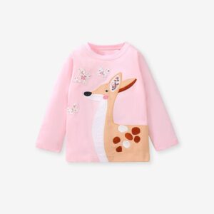 Kids Toddler Big Girls Fashion Casual Cute Butterfly Fawn Embroidery Round Neck Long Sleeve T-Shirt