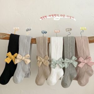 Kids Toddler Girls Spring Autumn Fashion Casual Solid Color Bow Tight Basic Knitted Leggings One-Body Socks