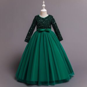 Kids Toddler Big Girls Fashion Party Cute Sweet Sequins Bow Pleated Long Sleeve Mesh Party Tutu Dress