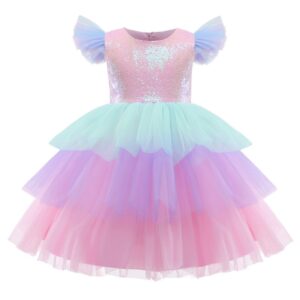 Kids Big Girls Summer Fashion Party Cute Sweet Color Matching Sequins Zipper Pleated Raglan Sleeve Mesh Party Tutu Dress