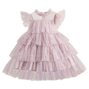 Kids Toddler Girls Summer Fashion Party Cute Sweet Solid Color Sequins Bow Pleated Raglan Sleeve Mesh Party Tutu Dress