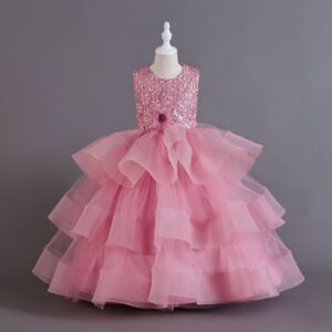 Kids Big Girls Summer Fashion Party Cute Sweet Solid Color Floral Pleated Sleeveless Mesh Party Tutu Dress