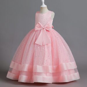 Kids Big Girls Summer Fashion Party Cute Sweet Solid Color Bow Sequins Pleated Sleeveless Mesh Party Tutu Dress