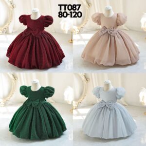 Kids Toddler Girls Summer Fashion Party Cute Sweet Solid Color Bow Pleated Puff Sleeve Party Tutu Dress
