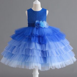 Kids Big Girls Summer Fashion Party Cute Sweet Color Matching Sequins Floral Pleated Sleeveless Mesh Party Tutu Dress