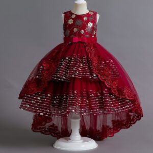 Kids Big Girls Summer Fashion Party Cute Sweet Solid Color Sequins Embroidery Bow Pleated Sleeveless Mesh Party Tutu Dress