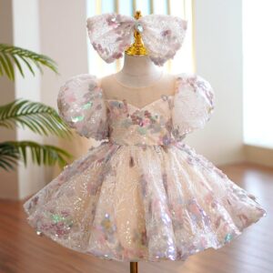 Kids Girls Round Neck Puff Sleeve Sequin Big Bow Design Fluffy Wedding Princess Party Dress