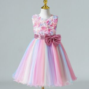 Kids Big Girls Summer Fashion Party Cute Sweet Rainbow Color Floral Bow Pleated Sleeveless Party Tutu Dress