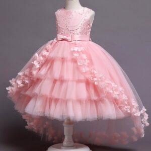 Kids Big Girls Summer Fashion Party Cute Sweet Solid Color Embroidery Bow Mesh Pleated Sleeveless Party Tutu Dress